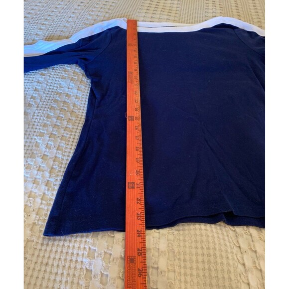 Chaps Blouse Size Large(measures  Med) Top Boat Neck Navy White Lacing on Cuffs - Picture 10 of 10